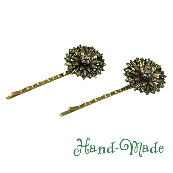 Handmade Green Rhinestone Gold Whimsical Set Hair Clips HoCo Fairy Jewelry NWT - Picture 1 of 6
